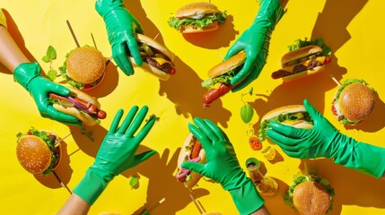 Pop art feast of American classics, hands in green gloves presenting burgers and hot dogs