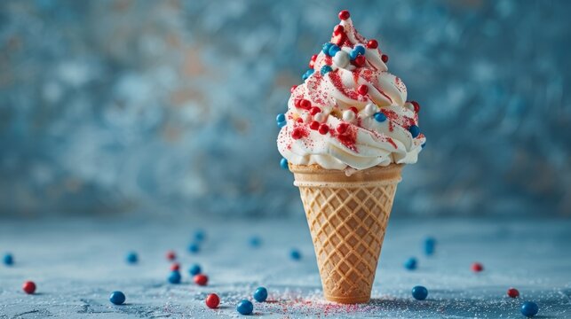 Patriotic summer treat with colorful candies in a waffle cone on blue backdrop. Ideal for US Independence Day festive concept