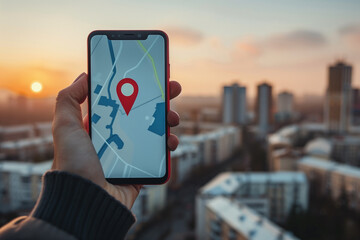 mobile phone on hand Turn on the screen map and pin isolated on city background