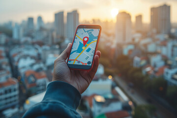 mobile phone on hand Turn on the screen map and pin isolated on city background