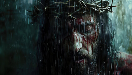 Jesus' face, wearing a crown of thorns and tears running down his cheeks - obrazy, fototapety, plakaty