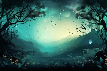 Fototapeta na wymiar Mystical forest at night. Halloween background. Background illustration