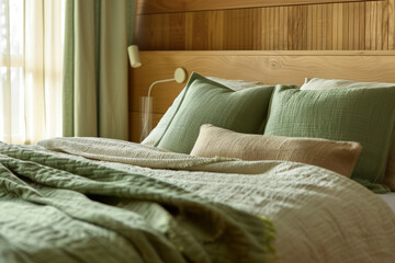 Fototapeta na wymiar Modern green bright bedroom with wooden decor. Generative AI