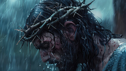 Jesus' face, wearing a crown of thorns and tears running down his cheeks - obrazy, fototapety, plakaty