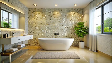 Fototapeta na wymiar A Modern Bathroom Featuring a Freestanding Tub and Mosaic Tile