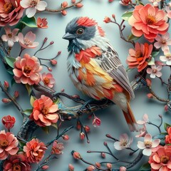 A colorful and detailed illustration featuring a bird perched on a twisted branch, surrounded by various flowers. pastel 3d effects - obrazy, fototapety, plakaty