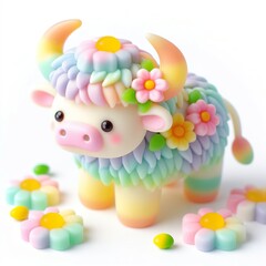 a cute buffalo with flowers made of pastel color rainbow gummy candy on a white background