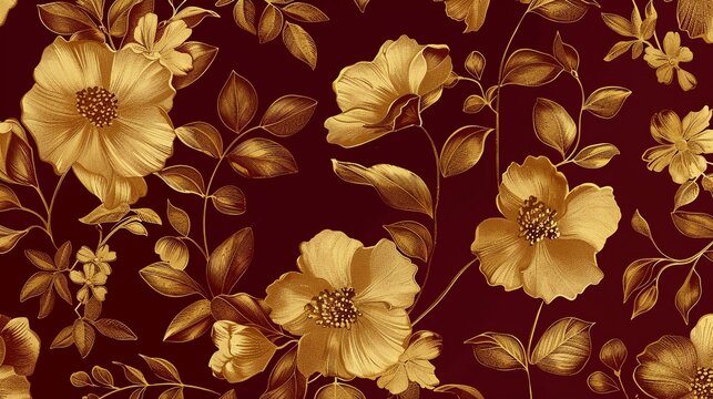 Golden Florals Design a showcasing intricate floral in gold overlaying a deep red background, creating a lush and elegant botanicalinspired design ,high detailed