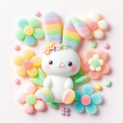 Fototapeta na wymiar a cute bunny rabbit with flowers made of pastel color rainbow gummy candy on a white background