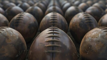 ugby Ball Grid Design a featuring rows of rugby balls arranged in a gridlike formation Experiment with different sizes and orientations to create a visually interesting composition ,high detailed