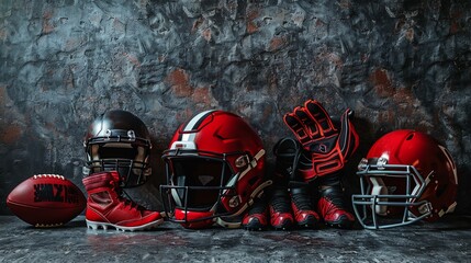 Football Equipment Create a showcasing football gear such as helmets, pads, cleats, and gloves Arrange them in a repeating against a textured background for a rugged and athletic look ,high detailed