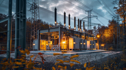 Modern electrical sub station in the evening. Industrial power supply and distribution.