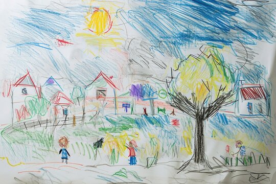 The hand drawing colourful picture of the house that has been drawn by colored pencil, crayon or chalk on the white blank background that seem to be drawn by the child that willing to draw. AIGX01.