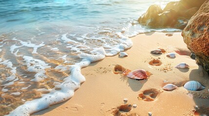 Sandy Shoreline Craft a featuring a sandy beach stretching along the shore Add details such as footprints, seashells, and beach towels for a realistic and inviting scene 169 ,clean sharp