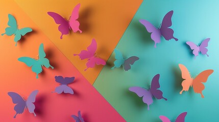 Butterfly Silhouettes Craft a featuring silhouettes of butterflies against a colorful backdrop Experiment with different poses and orientations to create a visually striking composition , 3D render - obrazy, fototapety, plakaty