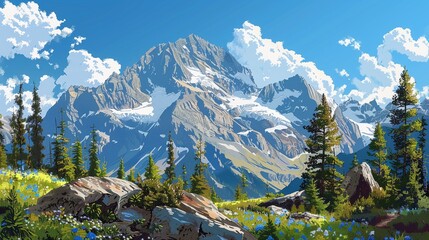 Mountain Majesty Design a showcasing majestic mountain peaks against a backdrop of clear blue skies Include elements such as pine trees - obrazy, fototapety, plakaty