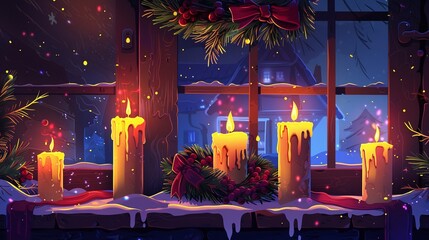 Glowing Candlelight Design a featuring glowing candles in candleholders, arranged on festive wreaths or adorning windowsill