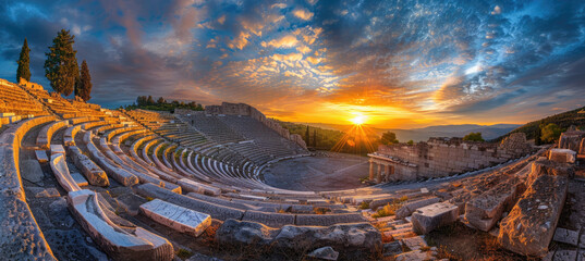 panoramic photo of an ancient Greek theater at sunset, with the sun setting behind it and casting long shadows across its stone walls and terraces