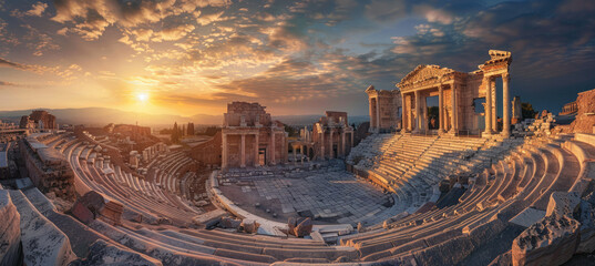 panoramic photo of an ancient Greek theater at sunset, with the sun setting behind it and casting long shadows across its stone walls and terraces