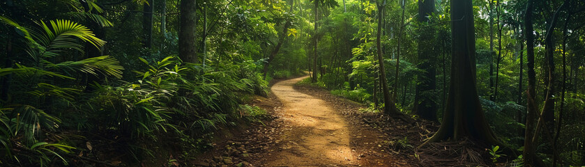 Vibrant scene of a path winding through an eco conscious sustainable forest trekking towards the unknown discovery in every step - obrazy, fototapety, plakaty