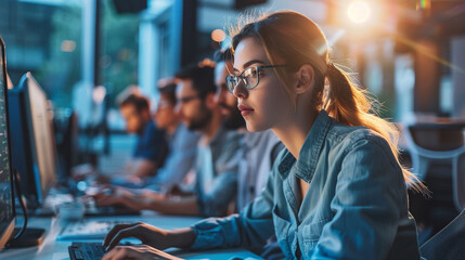 High tech office scene showing a team using sophisticated software to strategize sourcing application development in the background