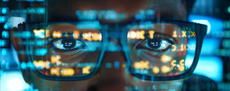 Intense focus on a network engineers face reflected screens showing code moment of breakthrough in debugging