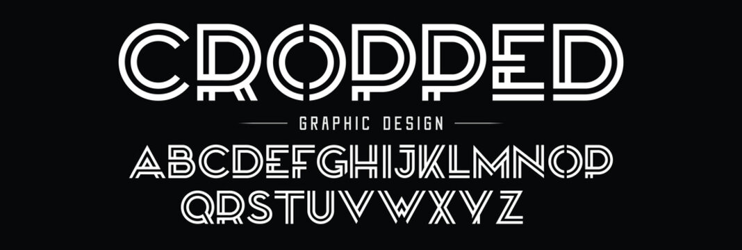Vector of Futuristic Alphabet Letters and numbers, One linear stylized rounded fonts, One single line for each letter, Black Letters set for sci-fi, military.
