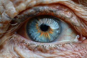 Close-up view of an aged human eye, highlighting deep iris patterns and wrinkled skin, embodying...
