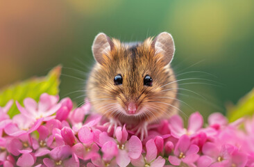 Photo of A harvest mouse on top of pink fiorensia flowers, green background 