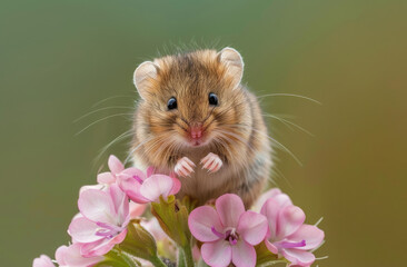 Photo of A harvest mouse on top of pink fiorensia flowers, green background 