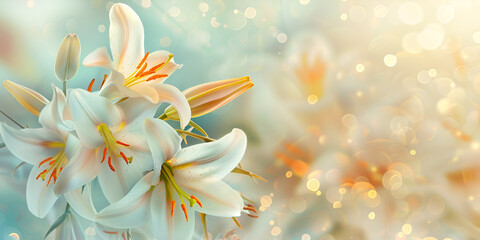 A delicate bouquet of lilies, each bloom seemingly whispering secrets against a backdrop of ethereal mist and pastel hues - obrazy, fototapety, plakaty