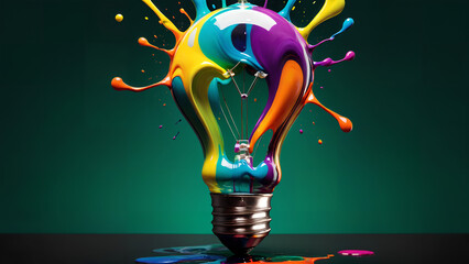 creative inspiration concept with liquid paint merging into a colorful lightbulb
