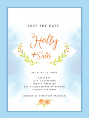 Elegant abstract background. Wedding invitation card template set with geometric frame, gold watercolor splash, and floral line.