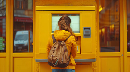 Back view of a woman in a yellow jacket using an automated self-service parcel terminal on a city street..