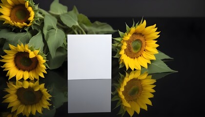 A blank white card in front of a bouquet of yellow sunflowers with green leaves on a reflective black surface