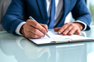 Signing business documentation. Close-up: a businessman's hands hold a writing pen, making changes to a document.