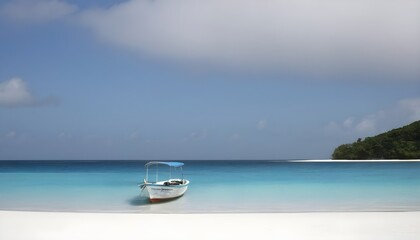 Fototapeta na wymiar Boat on blue water and white sand beach