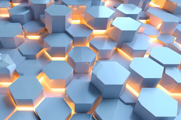 abstract geometric background in the form of 3D white hexagons and lights, futuristic hexagons with neon orange light underneath them