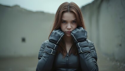 The girl wears protective moto gloves, safe equipment