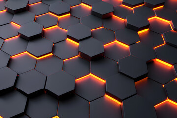 abstract geometric background in the form of 3d dark hexagons and lights, futuristic hexagons with neon orange light with glowing dots