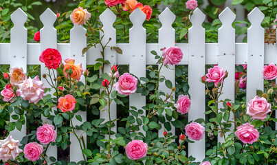Colorful garden border, white fence and pink roses , Generative AI