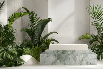 3D podium made of natural stone and concrete surrounded by tropical leaves and vegetation. Empty podium for presentation of packaging products, fresh eco background