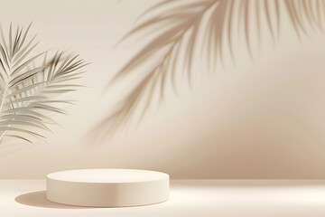 3D beige podium with tropical leaves and shadow for product presentation. Empty background with round podium with shadows of palm leaves. minimalism, 3D room with copy space