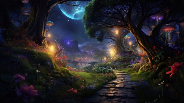 Enchanted forest pathway with glowing flora and mystical atmosphere. Fantasy setting.