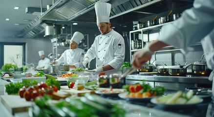  a kitchen scene with chefs in white uniforms cooking and preparing dishes on large surfaces,...
