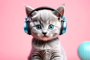 Adorable cartoon gray british kitten wearing stylish headphones.