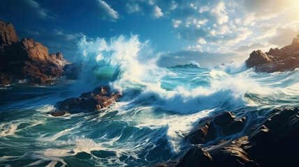 A realistic photo of a stormy sea off the coast with big waves crashing on rocks in sunny weather. Generative AI - obrazy, fototapety, plakaty