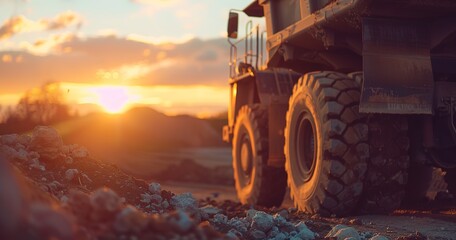 Construction dump truck unloading, close-up, sunset, wide angle, capturing the action of release.