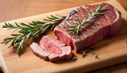 Raw steak with a sprig of rosemary on top, served on a wooden cutting board - obrazy, fototapety, plakaty