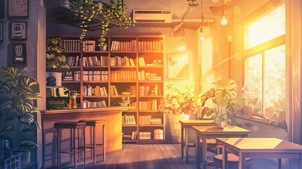 A captivating bookstore cafe basks in the golden morning light, surrounded by lush indoor plants and shelves of books, inviting a day of exploration and tranquility.  Lofi Anime Cartoon Bookstore
